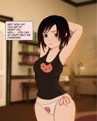1girls 3d accurate_art_style armpits arms_behind_head arms_up bedroom black_eyes black_hair blush breasts clothed clothing curvy dialogue english_text eye_contact female female_only highres indoors kikuyo looking_at_viewer multicolored_hair pajamas pale_skin panties pose red_hair ruby_rose rwby shirt short_hair side-tie_panties silver_eyes small_breasts smile solo talking_to_viewer tank_top