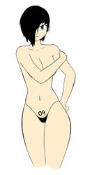 annoyed black_hair blue_eyes covering_breasts covering_nipples cute goth hair_over_one_eye japanese looking_at_viewer number_tattoo original_character partially_clothed sachiko_koikuna shirtless short_hair simple_background tattoo thong white_background zenvanillacoke