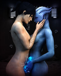 2girls 3d 3d_(artwork) alien alien_girl asari asarimaniac before_sex black_hair blue_eyes blue_skin commander_shepard female_only femshep human interspecies liara_t'soni mass_effect ponytail scar short_hair sideboob strap-on tattoo yuri