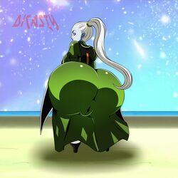 1girls angel angel_(dragon_ball) ass ass_in_dress big_ass blue_eyes blue_skin cameltoe closed_mouth clothed clothed_female clothing dicasty dragon_ball dragon_ball_super female heels long_hair ponytail solo staff tied_hair vados white_hair