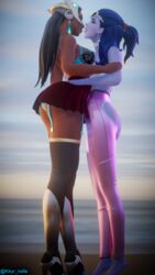 2girls 3d alternate_costume ass big_ass big_butt blender blue_skin cote_d'azur_widowmaker dark-skinned_female dark_skin female female_only high_heels kissing kkyr overwatch size_difference symmetra tagme widowmaker yuri