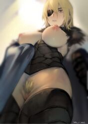 armor bags_under_eyes bare_breasts blonde_hair blue_eyes breasts breasts_out cape dimitri_alexandre_blaiddyd echigoya_takeru eye_patch eyepatch female fire_emblem fire_emblem:_three_houses genderswap highres large_breasts looking_down nintendo nipples polearm post-timeskip pubic_hair pussy rule_63 spear take_ri_take2 weapon