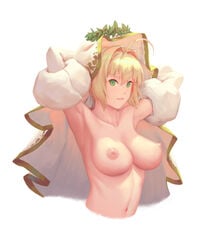 1girls ahoge armpits arms_behind_head arms_up big_breasts bigrbear blonde_hair detached_sleeves elbow_gloves fate/grand_order fate_(series) female green_eyes large_breasts looking_at_viewer naked navel nero_claudius_(bride) nero_claudius_(fate) nude solo upper_body veil white_gloves