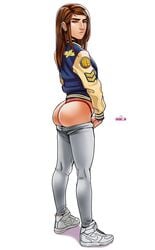 andava andavaverse ass brown_hair clothed erica_andreyko female letterman_jacket panties pinup presenting_ass prominent_nose red_thong