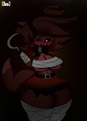 bandaged_chest bandages bandages_around_breasts bandages_around_chest big_breasts black_eyes booty_shorts brown_hair cally3d clazzey cryptiacurves eyepatch fang fazclaire's_nightclub fexa fexa_(cryptia) five_nights_at_freddy's fnaf foxy_(cally3d) foxy_(fnaf) fredina's_nightclub giygal hook_hand one_eye_closed rule_63 scottgames solo solo_female tagme tail thick_thighs