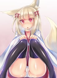 <3_eyes 2014 5_fingers accessory acechan_f animal_humanoid ass blonde_hair breath cameltoe canid canid_humanoid canine canine_humanoid choker clothing female fingers fluffy fluffy_tail fox_humanoid fur glistening glistening_skin hair hair_accessory hakama heart hi_res humanoid japanese_clothing jewelry legwear looking_at_viewer mammal mammal_humanoid necklace pink_eyes ruuku_(azukieru) simple_background sitting solo tan_fur thigh_highs translucent translucent_hair underwear