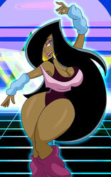 1girls aerobics bare_shoulders black_hair blue_eyes breasts cleavage danny_phantom dark-skinned_female dark_skin desiree earrings eyeshadow female_focus hair_over_one_eye jewelry large_breasts leg_warmers leotard long_hair loose_clothes loose_socks makeup off_shoulder solo sonson-sensei thick_thighs thunder_thighs tights wide_hips