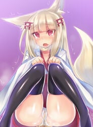 <3_eyes 2014 5_fingers accessory acechan_f animal_humanoid ass blonde_hair bodily_fluids breath cameltoe canid canid_humanoid canine canine_humanoid choker clothing female fingers fluffy fluffy_tail fox_humanoid fur genital_fluids glistening glistening_skin hair hair_accessory hakama heart hi_res humanoid japanese_clothing jewelry legwear looking_at_viewer mammal mammal_humanoid necklace peeing pink_eyes purple_background ruuku_(azukieru) saliva shaking simple_background sitting solo tan_fur tears thigh_highs translucent translucent_hair underwear urine