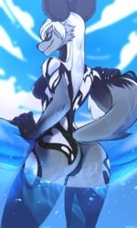 2019 5_fingers african_wild_dog angiewolf anthro anus areola ass blue_eyes breasts canid canine cheek_tuft claws day detailed_background digital_media_(artwork) enya_(littlemutt) female fingers fur furry grey_fur hair heart hi_res inner_tube long_hair looking_at_viewer looking_back mammal nipples nude outside partially_submerged partially_underwater_shot pussy raised_tail sky smile solo standing tuft underwater water waterline_view wet white_hair