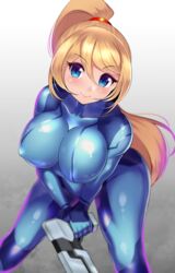 1girls blonde_hair blue_eyes bodysuit breasts erect_nipples eyebrows_visible_through_hair female female_only gun hair_between_eyes holding holding_gun holding_weapon huge_breasts human long_hair looking_at_viewer metroid nintendo nipple_bulge ponytail samus_aran shiny_clothes sidelocks skin_tight smile solo standing thighs volyz weapon zero_suit zero_suit_samus