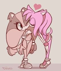 2girls amy_rose anthro diives female furry kissing_cheek panties sonic_(series) sticks_the_badger sticks_the_jungle_badger sticks_the_tejon underboob yuri