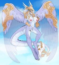 2019 anthro blonde_hair blush bodily_fluids breasts dragon feathered_dragon feathered_wings feathers female fur genital_fluids hair hi_res horn konami nipples nude pussy saffira_queen_of_dragons solo suddenhack wings yu-gi-oh!