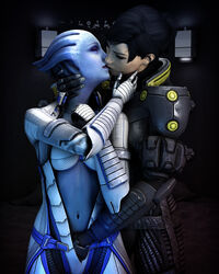 2girls 3d alien alien_girl asari asarimaniac black_hair blue_skin closed_eyes clothing commander_shepard female_only femshep hand_on_pussy human kissing liara_t'soni mass_effect mostly_clothed scar sci-fi science_fiction short_hair yuri