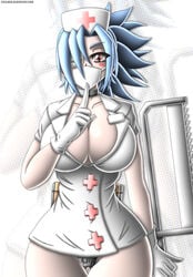 1girls big_breasts black_panties blue_hair blush breasts bunny_suit choker cleavage eyepatch finger_to_mouth gloves hair_over_one_eye holding_object large_breasts looking_at_viewer nurse nurse_cap nurse_uniform panties pantyshot pantyshot_(standing) red_eyes simple_background skullgirls surgical_mask symbol-shaped_pupils takilmar thighs valentine_(skullgirls) white_gloves wide_hips