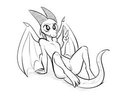 2019 anthro arm_support black_and_white blush breasts dragon featureless_breasts female fuel_(artist) gesture greyscale hi_res membrane_(anatomy) membranous_wings monochrome nude peace_sign pussy reclining scalie simple_background small_breasts smile solo spikes spread_wings syl_(enginetrap) uncolored v_sign white_background wings