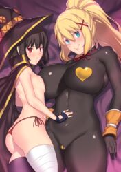 2girls ass aster_crowley asymmetrical_docking big_breasts bodysuit breast_press breasts darkness_(konosuba) kono_subarashii_sekai_ni_shukufuku_wo! large_breasts looking_at_viewer looking_back megumin on_side pasties small_breasts topless yellow_heart_pasties yellow_pasties