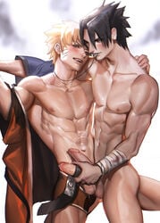 2boys abs balls bandage bandaged_arm black_eyes black_hair blonde_hair blue_eyes blush boxers briefs cum cumdrip cumshot dripping_cum erection gay handjob holding_penis licking_lips male male/male male_only masturbation naked naruto naruto_(series) naruto_shippuden necklace nipples nude pecs penis rubbing_penis sakimichan sasuke_uchiha sex short_shorts shorts testicles tongue tongue_out uncensored undressing uzumaki_naruto whisker_markings whiskers yaoi yellow_hair