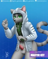 2019 animal_genitalia animal_penis clothed clothing digital_media_(artwork) epic_games felid feline feline_penis fortnite fur furry gatogenerico girly grabbing_shirt grey_fur hi_res hoodie jacket looking_at_viewer male male_only mammal master_key_(fortnite) pantherine penis shirt shy solo_male tiger topwear video_games