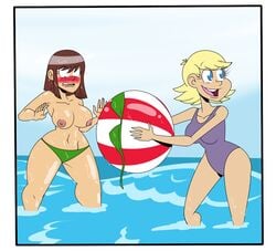 2girls aged_up ball beach_ball big_breasts bikini bikini_bottom bikini_malfunction bikini_top blonde_hair blush breasts brown_hair closed_eyes comic duo duo_female enf female female_only frostbiteboi half-closed_eyes lily_loud lisa_loud multiple_girls nickelodeon nipples ocean older smile swimsuit thong topless wardrobe_malfunction water wet