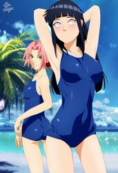 2girls armpits arms_above_head ass beach blue_hair blue_swimsuit blush breasts busty cute female female_only forehead_protector green_eyes headband hyuuga_hinata legs long_hair naruto naruto_(series) naruto_shippuden one-piece_swimsuit outdoors outside palm_tree pink_hair purple_eyes revealing_clothes sakura_haruno school_swimsuit shugo19 swimsuit thighs