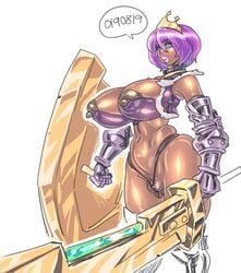 areolae armor armwear breasts crown dark-skinned_female dark_skin female jacket knight labia large_breasts long_nipples mungsaman purple_hair pussy shield shiny_skin shirt_pull sword thick_thighs thighhighs thong