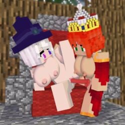 2girls 3d animated big_breasts character dildo erect_nipples female female_only green_eyes iamcringe melanie_thompson_(melinajbt) mine-imator minecraft nude orange_hair queen_marie_(iamcringe) sex sex_toy strap-on tagme throne throne_room vaginal_penetration white_hair yuri