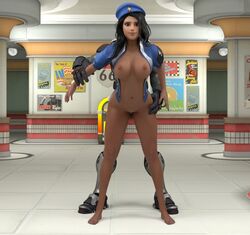 1boy 1girls 3d alternate_costume ana_amari bent_over beret black_hair blackwatch_reyes blender blizzard_entertainment breasts captain_amari dark-skinned_female dark_skin female from_behind gabriel_reyes greenvgc hand_on_hip long_hair looking_at_viewer male medium_breasts overwatch partially_clothed reaper sex straight