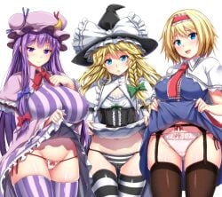 3girls alice_margatroid blonde_hair blue_eyes ebi_193 garter_belt garter_straps lifting_skirt looking_at_viewer marisa_kirisame patchouli_knowledge purple_eyes purple_hair string_panties striped_panties tagme thighhighs touhou witch witch_hat