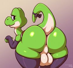 2020 armwear ass backsack balls big_butt clothing crossdressing femboy feral frumples genitals girly green_body green_scales green_tail green_yoshi hi_res legwear looking_back male male_only mario_(series) nintendo perineum rear_view reptile ribbons scales scalie simple_background smile solo super_mario_world tail_bow tail_ribbon teapot_(body_type) trap video_games yoshi yoshi_(beta)