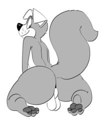 1boy 3_toes anthro ass balls big_butt big_tail canid canine canis domestic_dog freckles greyscale hi_res kom komdog komponi male male_only mammal monochrome nude paws presenting smile solo solo_male toes