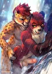 2boys anthro balls bodily_fluids cheetah cheetahpaws cum erection felid feline gay genital_fluids hands-free herpestid humanoid_penis male male/male male_only mammal mangusu mongoose nude orgasm penis retracted_foreskin sex shower standing steam uncut wet yaoi