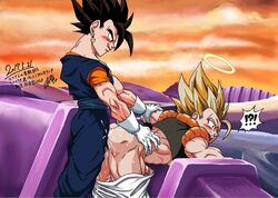 2017 2boys anal anal_sex ass bara blonde_hair blush boy_rape circumcised clothed_sex cum cum_inside digital_media_(artwork) dragon_ball erection from_behind from_behind_position gay gloves gogeta goku_ssj_4 male male_only male_penetrating malesub orgasm pants_down penis rape sex son_goku tears vegeta vegito yaoi