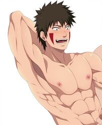 1boy abs armpits arms_behind_head black_eyes blush brown_hair facepaint inuzuka_kiba kiwart male male_only muscles muscular muscular_armpits muscular_male naked naruto naruto_(series) naruto_shippuden nipples nose_blush nude open_mouth pecs pose posing solo solo_focus solo_male topless uncensored