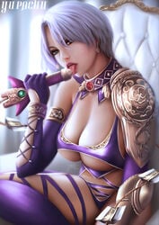 1girls big_breasts breasts cleavage earrings eyeshadow female female_only isabella_valentine large_breasts licking licking_object lipstick looking_at_viewer makeup open_mouth solo soul_calibur thighhighs tongue tongue_out underboob whip_sword yupachu