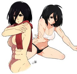 1girls abs attack_on_titan black_eyes black_hair black_panties eyelashes female female_only grey_eyes kokomidraws medium_breasts medium_hair mikasa_ackerman multiple_views muscular muscular_female naked nipples nude pale_skin scar scarf shingeki_no_kyojin short_hair slim solo stretching tank_top white_background