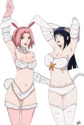 2girls abs agung911 arm_sleeves armpits arms_above_head blue_hair bra bunny_costume bunny_ears bunny_girl bunny_suit cleavage collar costume elbow_glove female female_only gloves green_eyes headband hyuuga_hinata lingerie long_hair looking_at_viewer naruto naruto_shippuden open_mouth panties pink_hair purple_eyes revealing_clothes sakura_haruno sleeves stockings thighhighs thighs white_bra white_panties