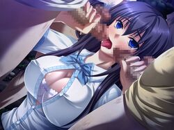 blue_eyes blue_hair bra censored cleavage clothing game_cg group handjob hiiragi_aki kuraki_hiro shirt unbuttoned wanna_spartansex_spermax!!!