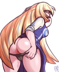 1girls aether_foundation alternate_outfit anus ass bent_over big_anus big_ass big_butthole black_panties blonde_hair blue_hair breasts cameltoe clothed cosplay crossover dress dress_lift eripuppy eye_contact female_only half-closed_eyes leaking long_hair looking_at_viewer looking_back lusamine_(pokemon) milf mother panties pokemon pokemon_sm pussy_juice sideboob solo source_request sweat sweatdrop thick_thighs toriel undertale watermark wet white_background wide_hips