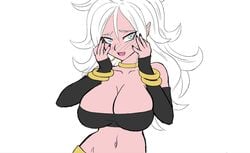 1girls 2010s android_21 android_21_(good) big_breasts blue_eyes blush breasts cleavage covered_breasts darm_engine dragon_ball dragon_ball_fighterz female humanoid large_breasts light_persona long_hair majin majin_android_21 monster_girl navel partially_clothed pink_skin pointy_ears tail white_hair