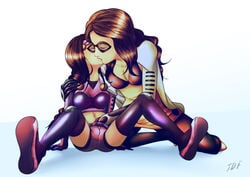 2girls age_difference bombshell_(lana_baumgartner) bombshell_(lori_baumgartner) breasts brown_hair closed_eyes female incest kissing long_hair marvel marvel_comics mask masturbation milf mother_and_daughter multiple_girls spread_legs tdf the_bombshells thighhighs thighs ultimate_marvel white_background yuri