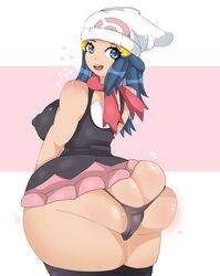 1girls alternate_breast_size ass ass_cleavage back back_view beanie big_ass black_stockings blue_eyebrows blue_eyes blue_hair bottom_heavy breasts bursting_butt butt_crack cameltoe dawn_(pokemon) eye_contact eyelashes female female_only hat heart huge_ass huge_breasts human large_ass leaking long_hair looking_at_viewer looking_back microskirt motion_lines nintendo nipple_bulge open_mouth panties pink_skirt pokemon pokemon_dppt presenting_hindquarters pussy_juice pussy_juice_trail scarf shirt skirt smile smiling source_request standing stockings thick_thighs wet white_background white_hat wide_hips