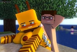 1boy 1girls 3d beach bee bee_(minecraft) bee_girl big_breasts character glasses ian_cringe_(iamcringe) melinajbt mine-imator minecraft monster_girl nude outdoors queen_beea rape sex source_request tagme what yellow_skin