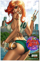 1girls alternate_costume ass bandaged_hand bandages belinda_(zenescope) big_breasts breasts busty cheerleader comic_cover dat_ass distracting_watermark fairy_tales female female_ass female_only football_(american) from_behind green_eyes green_panties grimm_fairy_tales_zenescope grimms'_fairy_tales holding_ball human large_breasts lipstick looking_back mike_debalfo nei_ruffino nipple_bulge official_art panties peace_sign philadelphia philadelphia_eagles pink_lips pink_lipstick pinup red_hair river scan scan_artifacts shirt solo sports text thighs war_paint warpaint watermark zenescope