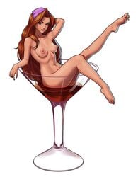 1girls areolae arm_behind_head ass barefoot breasts brown_eyes brown_hair carlo_montie feet female female_only in_cup in_glass looking_at_viewer medium_breasts minigirl nipples nude red_dragon_inn solo toes very_long_hair wine_glass