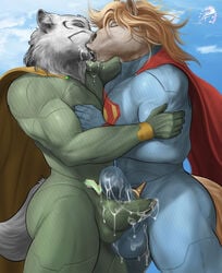 2boys anthro balls_outline ballsack_outline bangs bara big_balls big_bulge big_penis blonde_hair bodily_fluids bodysuit bodysuit_bulge bulge bulge_frottage canid canine canis cape closed_eyes clothed clothing cum cum_in_bodysuit cum_in_clothing cum_through_clothing duo equid equine erection erection_under_clothes erection_under_clothing excessive_saliva french_kiss french_kissing fur gay genital_fluids grey_fur horse inner_ear_fluff interspecies kissing male male/male male_only mammal muscle muscles muscular muscular_male passionate penis_outline saliva skintight tight_clothing tuft vpl wet wet_clothing wolf yaoi zorrore