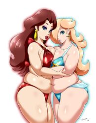 2girls ass auburn_hair big_breasts bikini blue_bikini blue_eyes breasts chubby duo earrings eyeshadow female female_only fingernails hug huge_breasts large_breasts lips lipstick long_hair mario_(series) nail_polish nintendo pauline platinum_blonde_hair princess_rosalina red_bikini side_view sideboob smile speeds star_earrings teardrop_earrings teeth thick thick_thighs thighs wide_hips