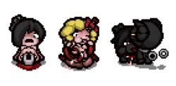 1boy 2girls 8-bit azazel_(the_binding_of_isaac) begotten_(the_binding_of_isaac) black_hair blonde_hair blowjob bow dark_skin demon eve_(the_binding_of_isaac) gay magdalene_(the_binding_of_isaac) multiple_girls nude open_mouth sex sprite sprite_sheet tentacle tentacle_sex the_binding_of_isaac vaginal_insertion white_background worm yaoi yazawa_akio