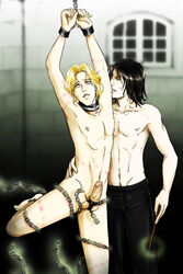 2boys arms_up background ball_separator balls bara barefoot bdsm biting biting_lip black_hair blonde_hair bondage bound_wrists bruises chained chains clothed_male_nude_male cmnm cock_ring collar completely_nude crotch_rope dungeon duo erect_nipples erection eyes_rolled_up feet gay gilderoy_lockhart hair hand_on_waist harry_potter harry_potter_and_the_philosopher's_stone holding_wand human human_only leg_up light-skinned_male light_skin looking_up magic magic_user male male/male male_only maledom malesub manacles medium_hair neckwear nude nude_male pale-skinned_male pale_skin pants parted_lips penis penis_bondage ponderosa retracted_foreskin rolling_eyes severus_snape shiny_hair short_hair standing standing_on_one_leg teacher teeth topless topless_male wand wizard yaoi