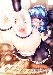 blue_eyes blue_hair drill_hair excessive_lactation gigantic_breasts huge_nipples kyosuke_fujiwara lactation long_hair maid milk_engine milk_on_breasts milking_machine puffy_nipples