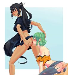 2boys 2girls anal anilingus anus ass_grab bisexual black_hair blush brown_eyes clothed double_penetration green_hair head_grab hikage_(senran_kagura) homura_(senran_kagura) looking_back multiple_penises nortipai oral penis pussy rimjob rimming ripped_clothing senran_kagura spread_ass straight vaginal_penetration yellow_eyes